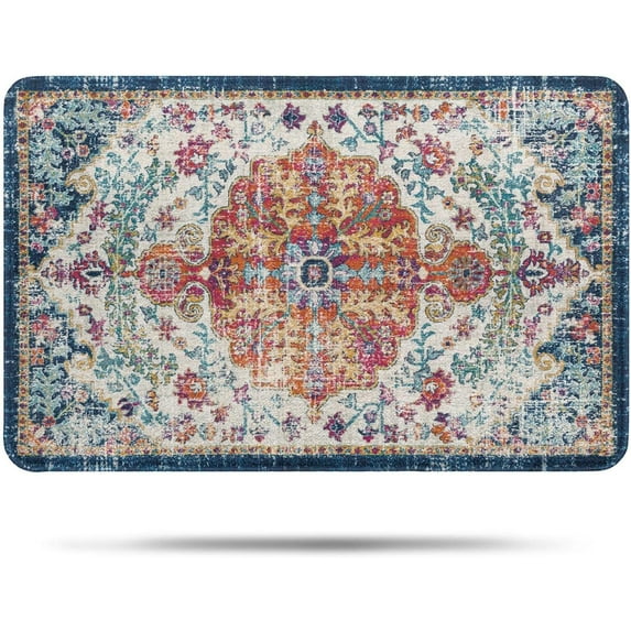 Bohemian Vintage Bathroom Rug Non-Slip Soft Bath Rug Machine Washable Oriental Persian Bathroom Mat Traditional Farmhouse Floral Floor Mat for Bathtub Shower Entrance, 17'''' x 27''''