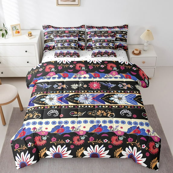 Bohemian Vintage Floral Bed in a Bag Queen Comforter Set 7 Piece,European Style Tribe Tribal Boho Mandala Paisley Bedding Sets Exotic Flowers Sheet Set with Comforter