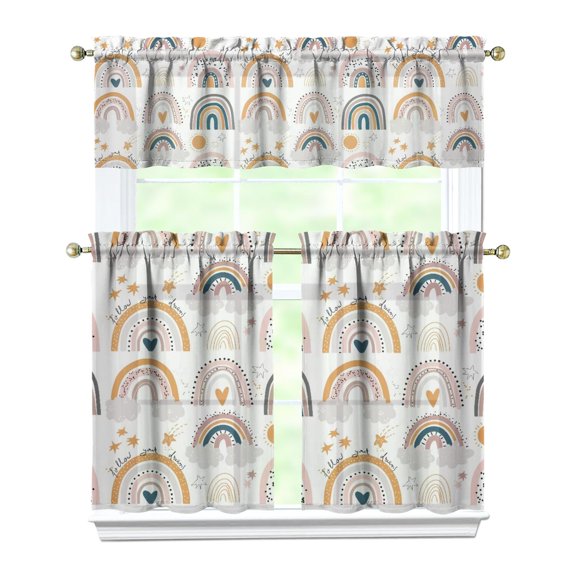 Bohemian Vintage Kitchen Curtains Tier and Valance Set Rustic Tribal Style Boho Chic Earthy Patterns Aesthetic Rod Pocket Window Curtain Set for Home Decorators and Kitchen Spaces