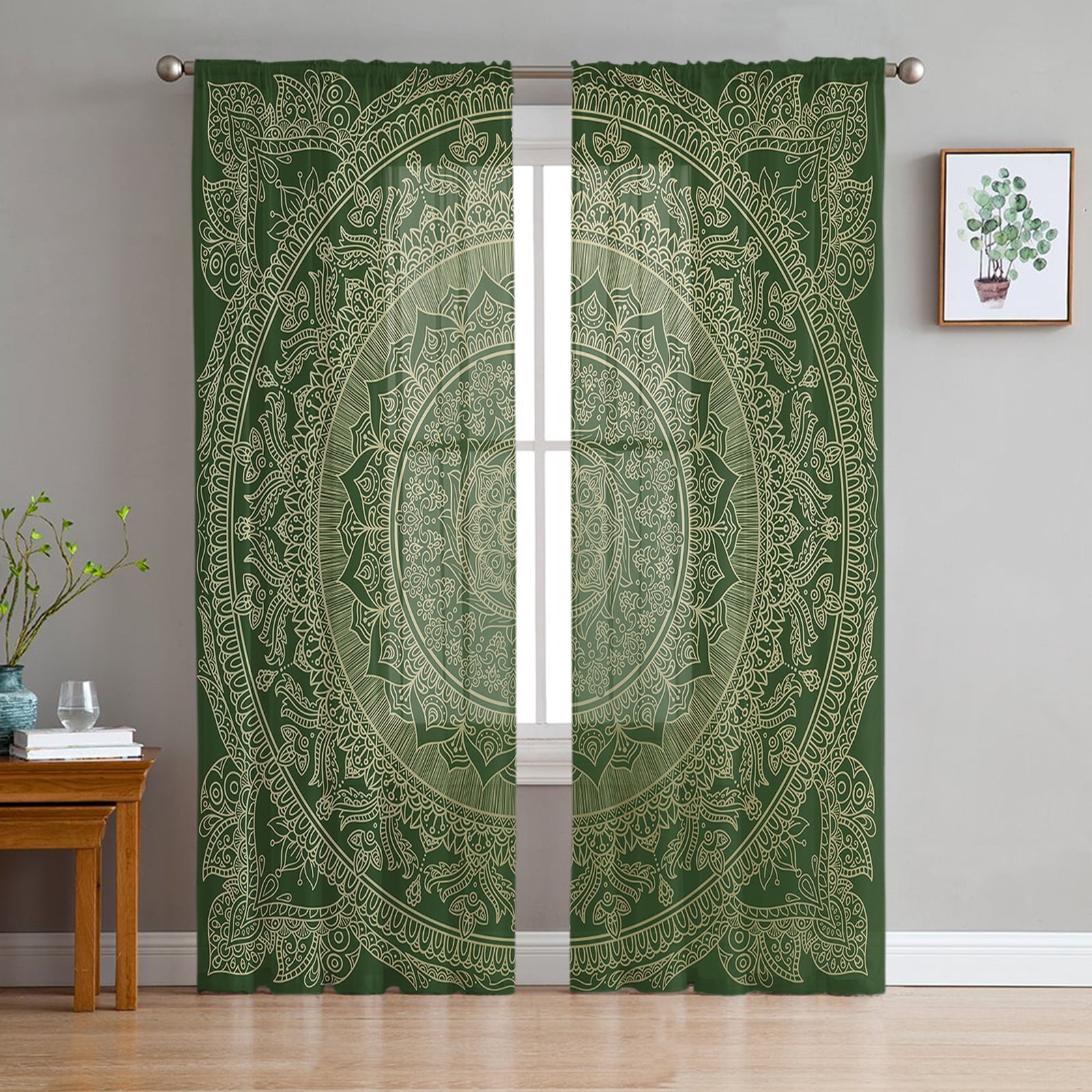 Bohemian Vintage Mandala Flower Green Sheer Curtains for Living Room ...