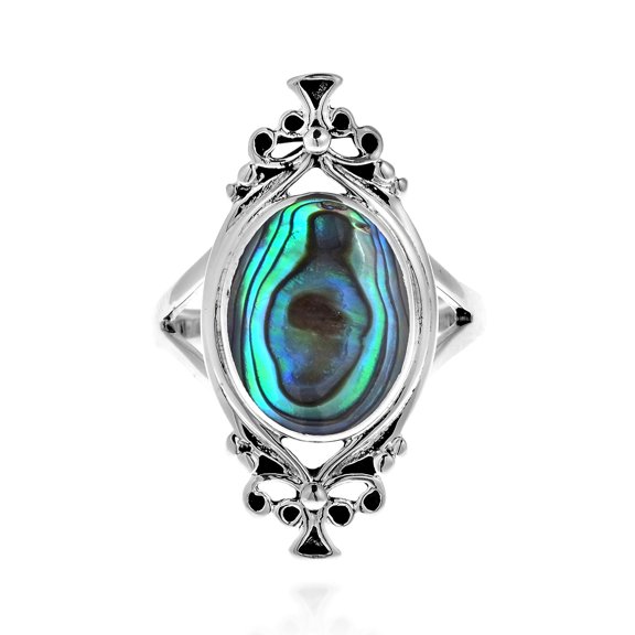 Bohemian Vintage Natural Abalone Oval Statement .925 Silver Ring-7