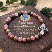 Bohemian Vintage Reiki Bracelet, 6mm Natural Stone Beads, Handmade Chakra Lotus Jewelry, Rose Quartz, Rhodonite, Unakite, Prosperity & Love, WomenS Crystal Gift for ValentineS Day & Festive,pink