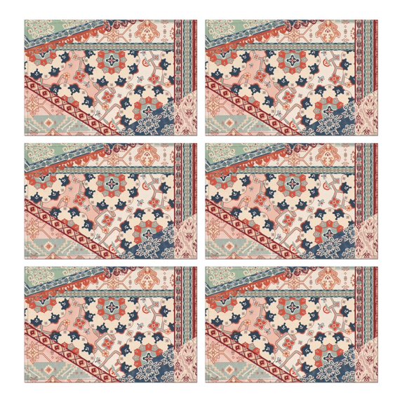 Bohemian Vintage Tribal Style Flax Placemats Set of 6, 12x18 Inch Rustic Nordic Artistic Earthy Style Boho Chic Ethnic Patterns, Washable Table Mats for Dining