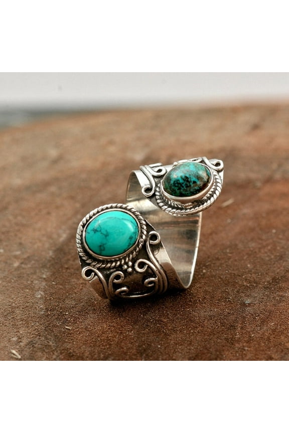 Bohemian Vintage Turquoise Oval Flower Rings Geometric Ethnic Natural Stone Adjustable Silver Joint Knuckle Rings Western Cowgirl Statement Jewelry