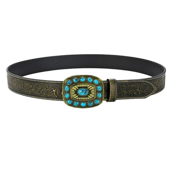 Bohemian Waist Belt Adjustable Belt With Turquoises Stone Buckles And Embossed Flower Pattern for Women Men Unisex