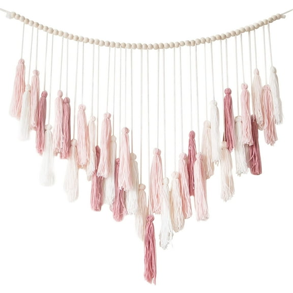 Bohemian Wall Hanging, Pink Wall Hanging with Wood Bead Tassel Pendant Decoration, Large Fringe Wall Hanging for Bedroom Living Room Decoration