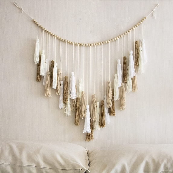 Bohemian Wall Hanging Tapestries - Chic Boho Handmade Decor Woven Tapestry with Wooden Beads and Tassel, Colorful Home Wall Art Decoration, 43" x 39",Beige