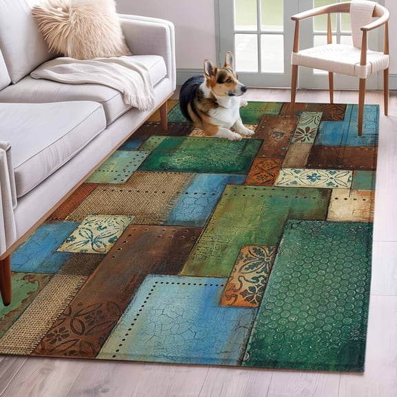 Bohemian Washable Area Rug 4x6 Modern Mottled Art Prints Geometric Plaid Patchwork Low-Profile Large Area Rugs with Non Slip Backing Indoor Floor Carpet for Entrance Living Room Bedroom Home Office