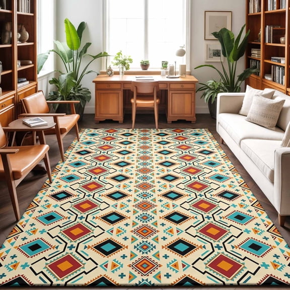 Bohemian Washable Area Rug 9 x 12 ft Retro Teal and Brown Argyle Aztec Geometric Chevron, Soft Non Slip Rugs Stain Repellent Indoor Felt Carpet for Living Dining Room Bedroom Home Office