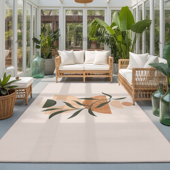 Bohemian Washable Area Rugs 4'x6', Abstract Green Leaf Beige Geometric Modern Art Washable Throw Living Room Rug Non-Slip Sturdy Edge Binding Carpet for Indoor Entryway Bedside Kitchen