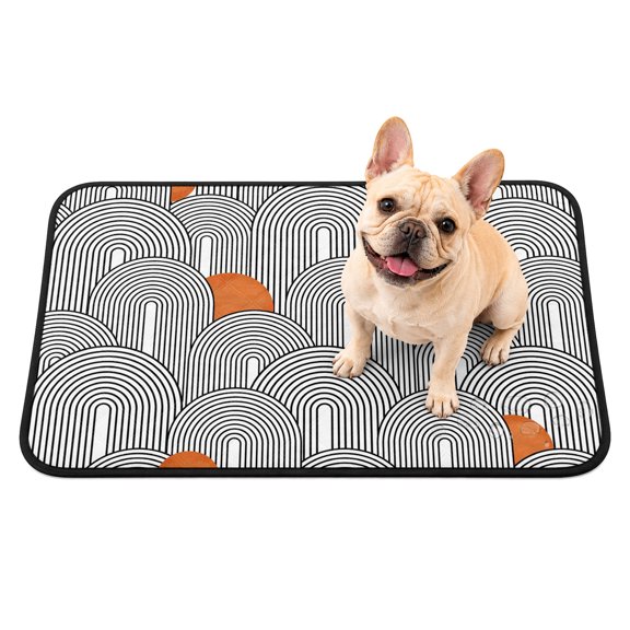 Bohemian Washable Pee Pads for Dogs, Modern Abstract Boho Orange Round Black White Stripes Reusable Puppy Pads Waterproof Pet Mat, Absorbent Dog Pee Pads for Crate Pet Training Whelping Mats 24"x18"