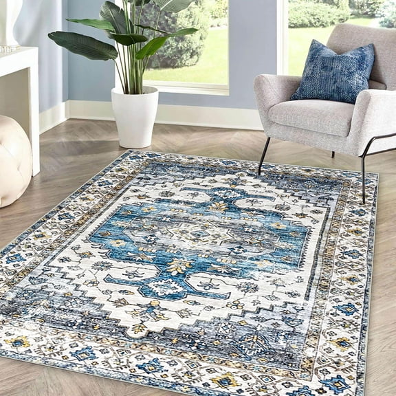 Bohemian Washable Rug, 4x6 ft Modern Oriental Non-Slip Carpet, Waterproof Stain-Resistant Soft Plush Rug for Bedroom Kitchen Living Room (Turquoise/Gray)