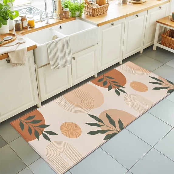 Bohemian Washable Runner Rugs 2'x6', Abstract Green Leaf Beige Lines Circle Geometric Art Washable Runner Rug Non-Slip Sturdy Edge Binding Carpet for Bedside Hallway Runner Kitchen Galley