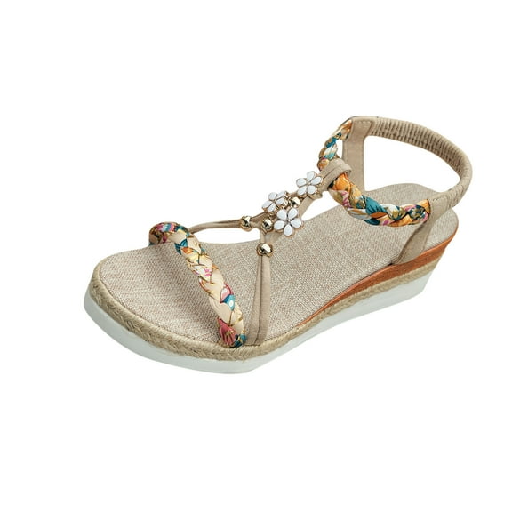 Bohemian Wedge Sandals for Women Wide Width Casual Platform Sandals Orthopedic Comfortable Walking Open Toe Jeweled Beaded Sandals Slip On Ankle Strap Dressy Summer Beach Shoes