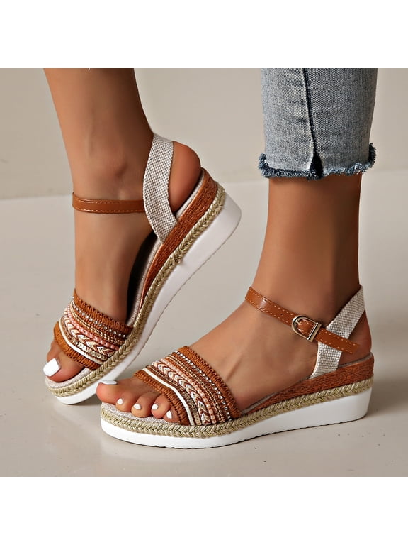 Bohemian Wedge Sandals for Women Wide Width Low Wedge Heels Platform Espadrille Open Toe Elastic Ankle Strap Woven Hemp Rope Shoes for Summer Beach Casual Walking,Brown 41(US-8)