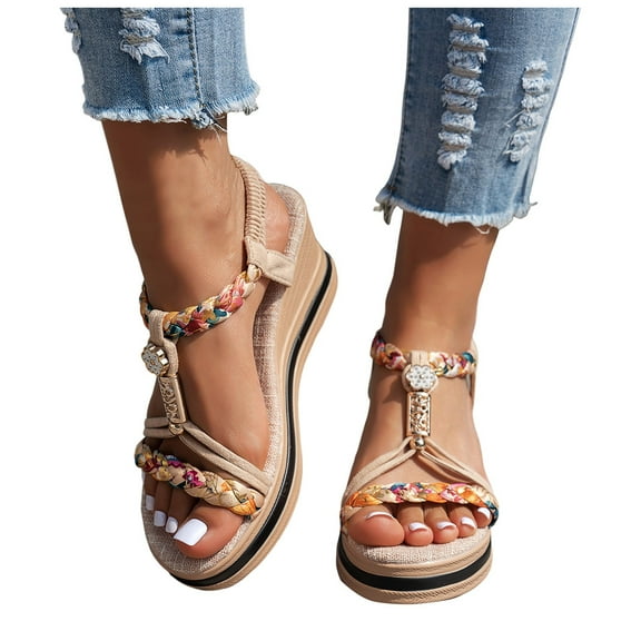 Bohemian Wedge Sandals for Women Casual Wide Width Platform Orthopedic Sandals Slip On Open Toe Dress Shoes with Elastic Ankle Strap Brown Size 6