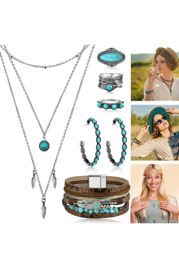 Bohemian Western Jewelry Turquoise Set Women Bohemian Pendant Long Choker Layered Bracelets Earrings Ring for Women