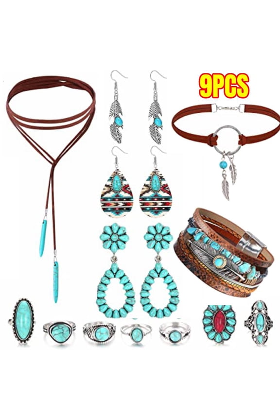 Bohemian Western Jewelry Turquoise Set Women Country Pendant Long Choker Layered Bracelets Earrings Ring for Women