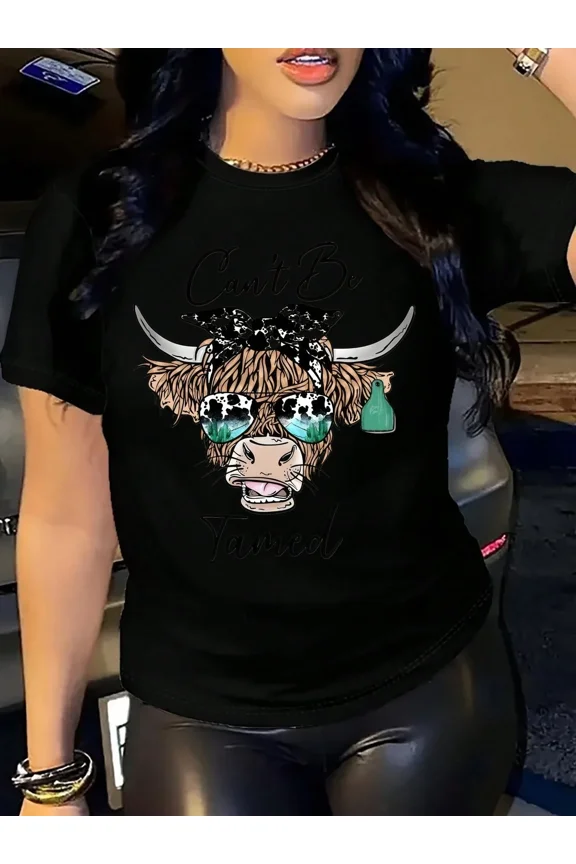 Bohemian, Western Style, Round Neck T-Shirt With Highland Cow Print, Casual Short-Sleeve Top