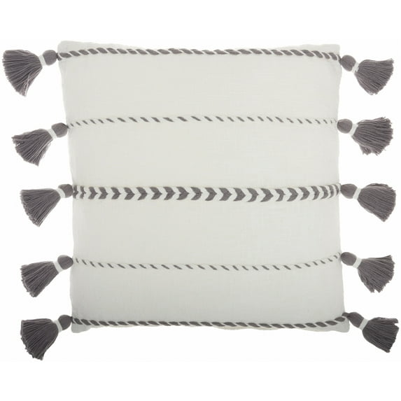 Bohemian White Cotton Accent Pillow with Grey Tassel Details