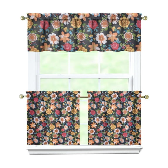 Bohemian Wildflower Curtains 24" Short - 3 Panel Rustic Farmhouse Set with Vintage Botanical Design, Rod Pocket