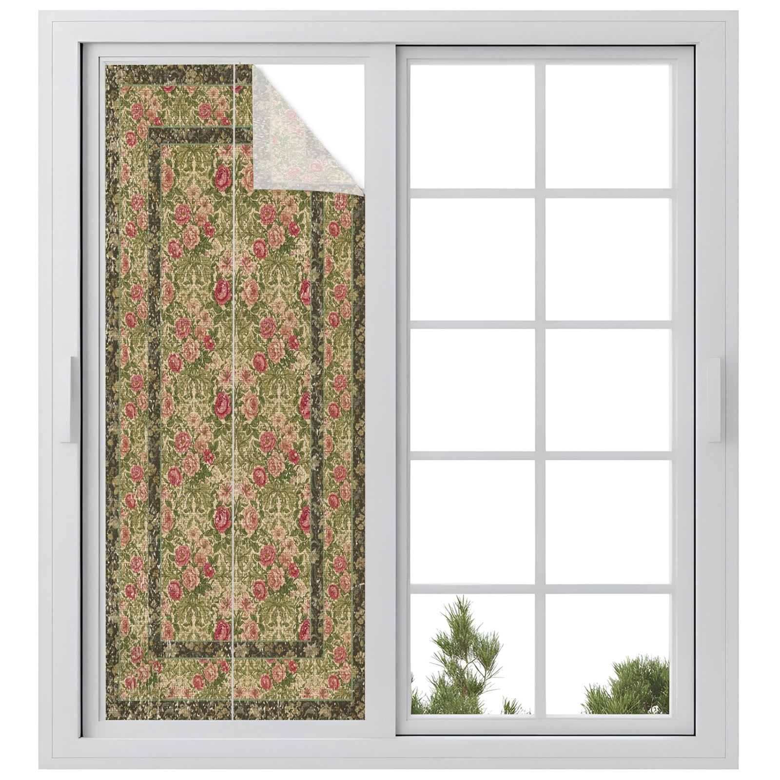 Bohemian Window Privacy Film, Vintage Red Flowers Texture Traditional ...