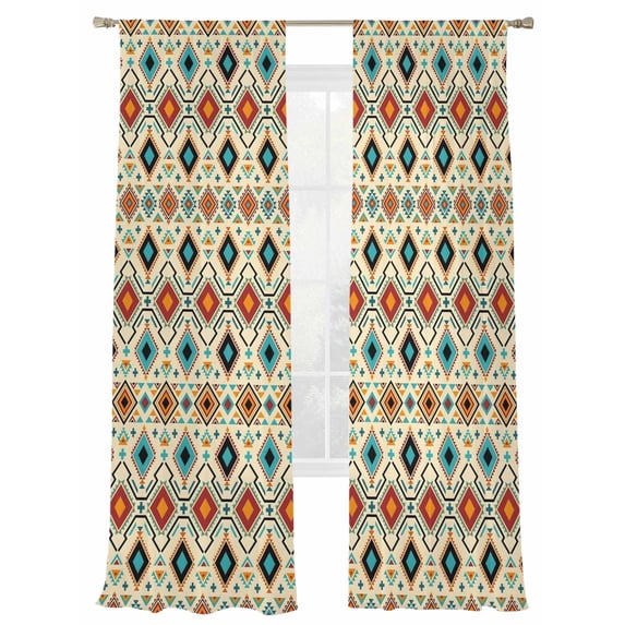 Bohemian Window Sheer Curtain Retro Teal and Brown Argyle Aztec ...