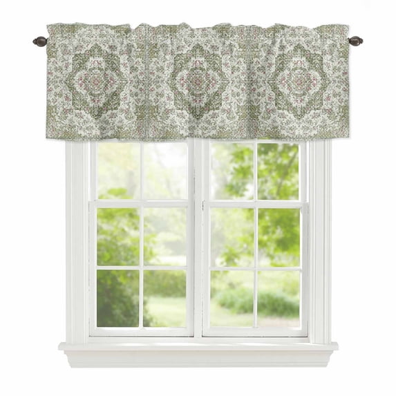 Bohemian Window Valance for Kitchen, Vintage Distressed Green Ethnic Geometric Floral Rod Pocket Short Curtain for Small Windows, Light Filtering Decorative Valance, 60 x 14 Inch, 1 Panel