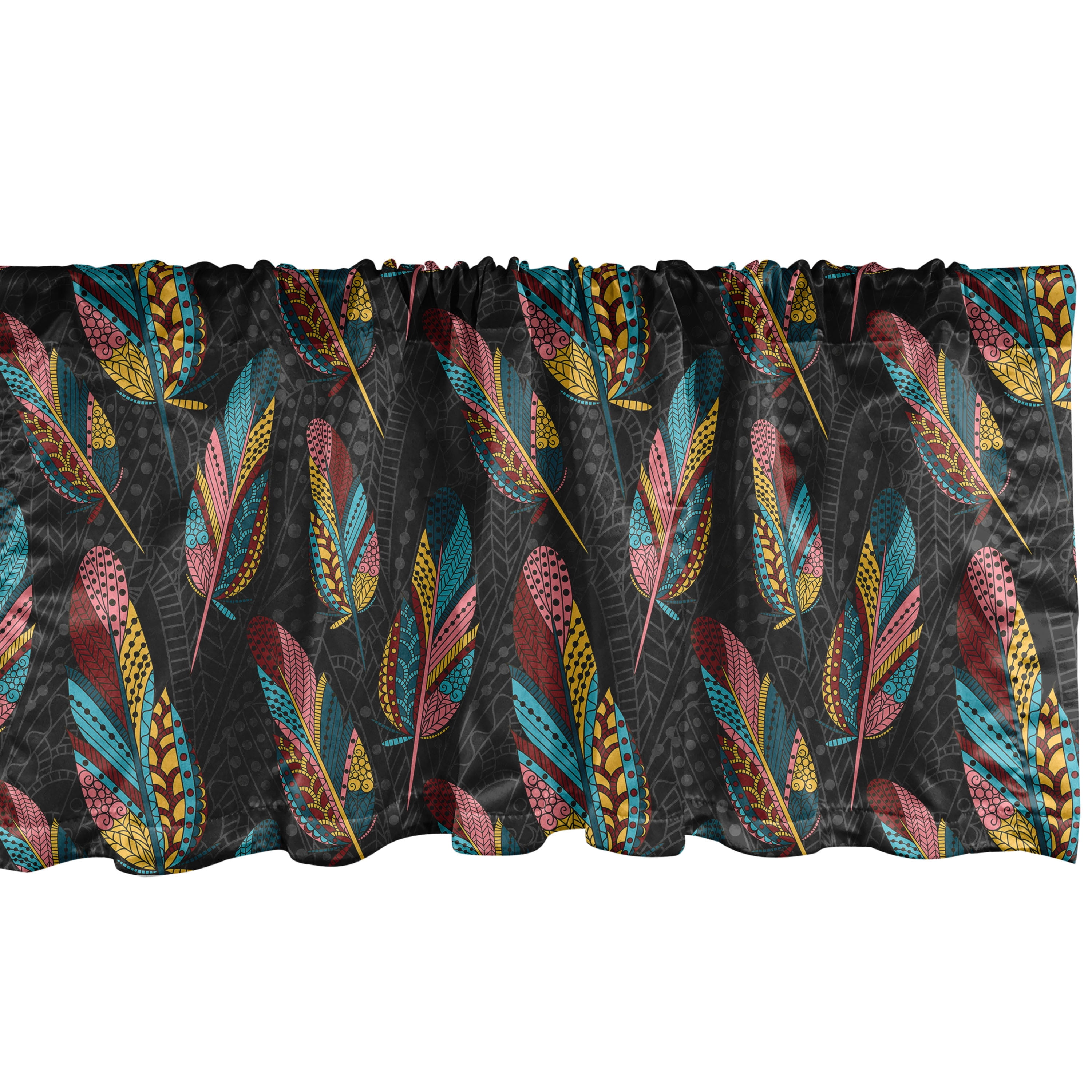 Bohemian Window Valance, Zentangle Feathers Ornaments with Dots and ...