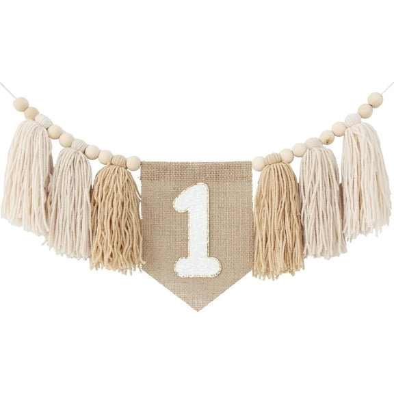 ‌Bohemian Wooden Bead Fringe Banner - 1st Birthday Photo Prop, Party Decorations for Baby Shower, Gender Neutral Nursery Wall Art,18.5in
