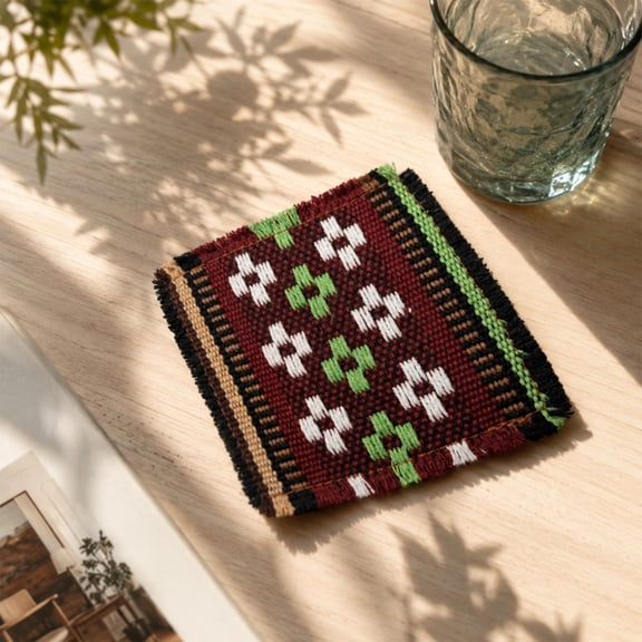 Bohemian Woven Cup Mats Set, Vintage Heat-Resistant Table Pads for Coffee and Tea, Durable Polyester and Cotton, Ideal for Home Decor Green