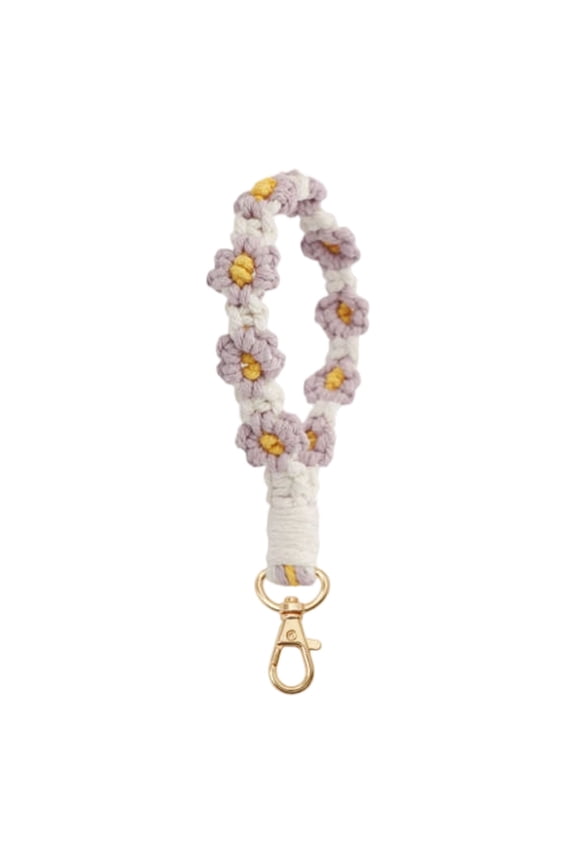Bohemian Woven Keychain Wristlet in Purple, 14cm, Cotton Thread, Handmade, Floral Design, Key Ring, Bracelet