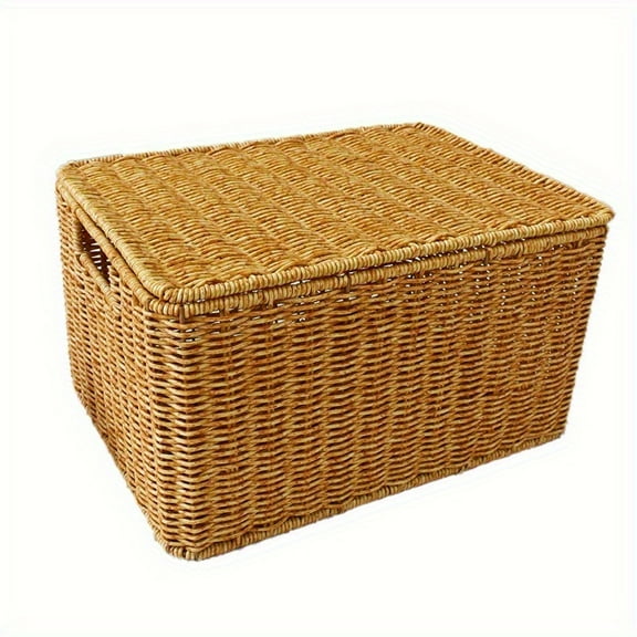 Bohemian Woven Storage Basket with Lid - Rectangular Plastic Weave Container for Kitchen, Picnic & Multi-Use, Light Brown Indoor/Outdoor Basket (Natural Look)