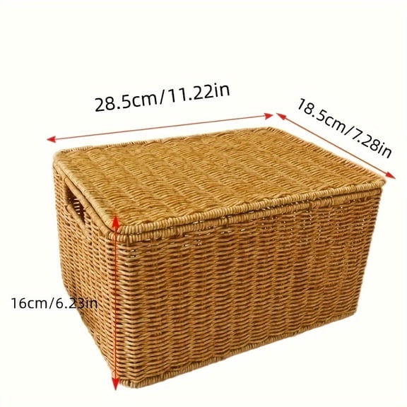 Bohemian Woven Storage Basket with Lid – Rectangular Plastic Weave Container for Kitchen, Picnic, and Multi-Purpose Use