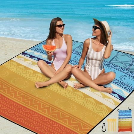 Waterproof Sandproof Beach Blanket Mat for 4-8 People, Portable Picnic & Camping Blanket with Carry Bag, Stakes, Anti-Loss Clips