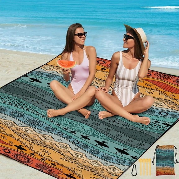 Waterproof Sandproof Beach Blanket Mat for 4-8 People, Portable Picnic & Camping Blanket with Carry Bag, Stakes, Anti-Loss Clips