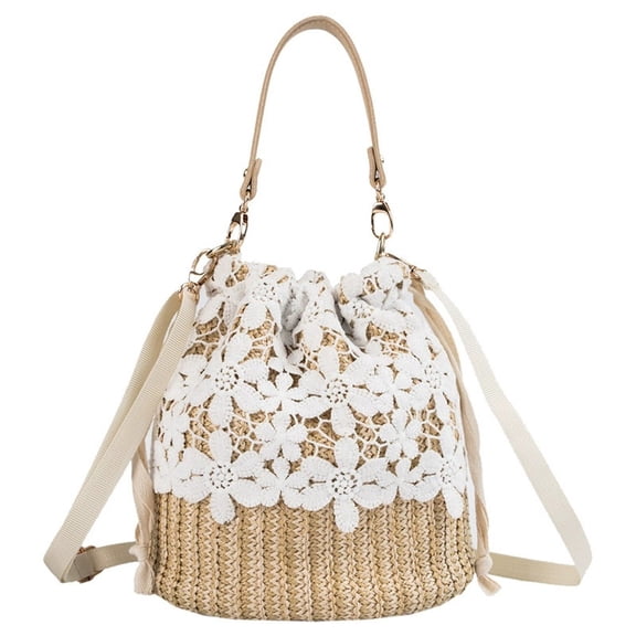 Bohemian crochet drawstring bucket bag with adjustable shoulder strap - summer beach bag, women's hand woven straw crossbody bag, casual vacation and daily use, flower style