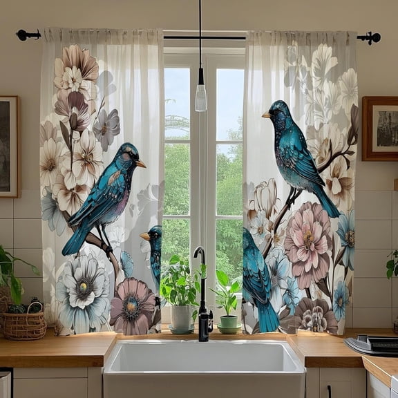 Blue Birds Kitchen Window Curtains Over Sink Vintage Boho Flower Bohemian Spring Floral Small Short Bathroom Window Curtain Bedroom Treatment Tiers Drapes 2 Panels 28x40 Inch