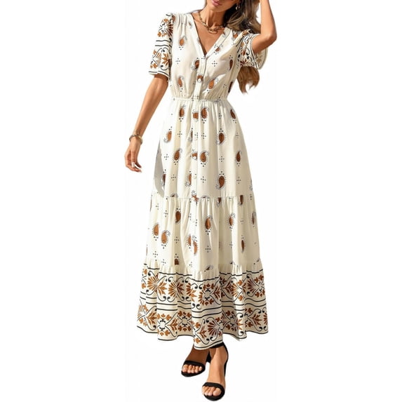 Bohemian short-sleeved dress for women, new summer style, fashionable V-neck, flowy beach dress