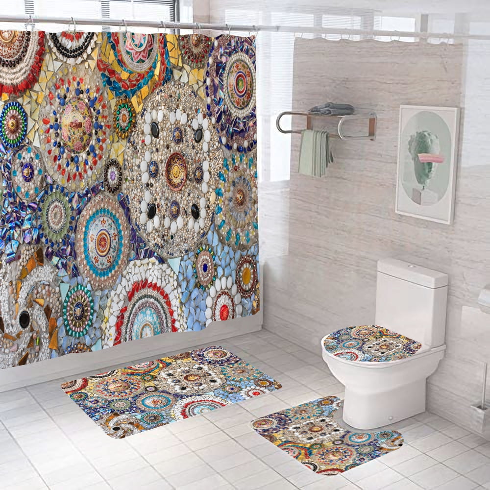 Bohemian style Bathroom Curtains Set Color Mosaic Boho Polyester Shower ...