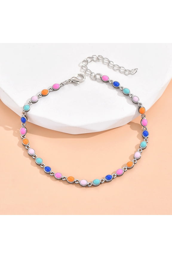 Bohemian style Brass Enamel Oval Link Anklets Platinum Colorful 8-1/4 inch(210mm)