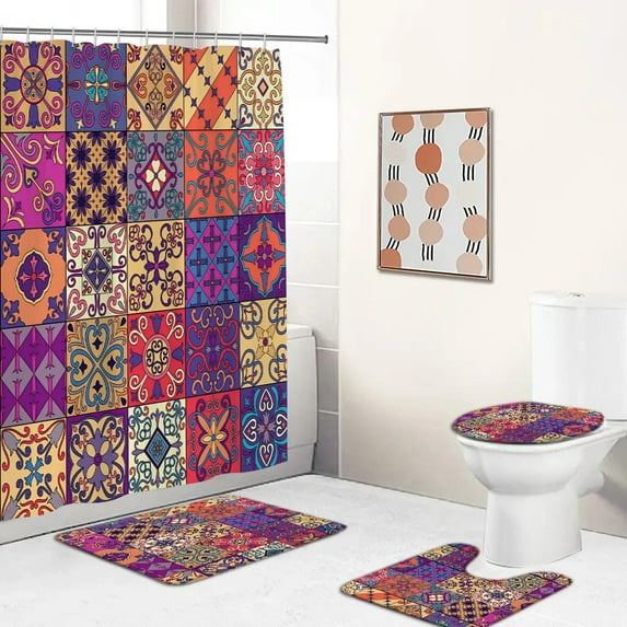 Bohemian style Print Shower Curtain Set Bathroom Curtain Boho Anti-slip Rugs Toilet Lid Cover Bath Mat Bathroom Decoration