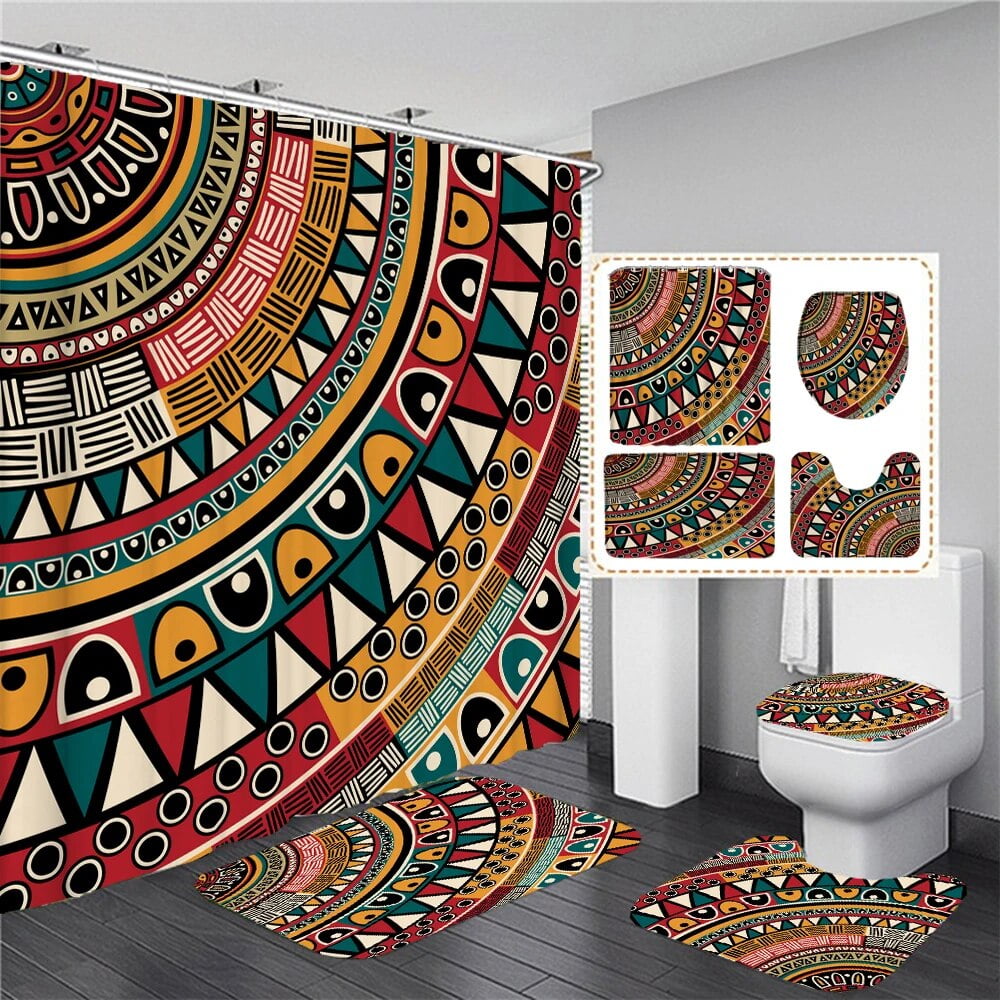 Bohemian style Printed Fabric Bathroom Shower Curtain Set with 12 Boho