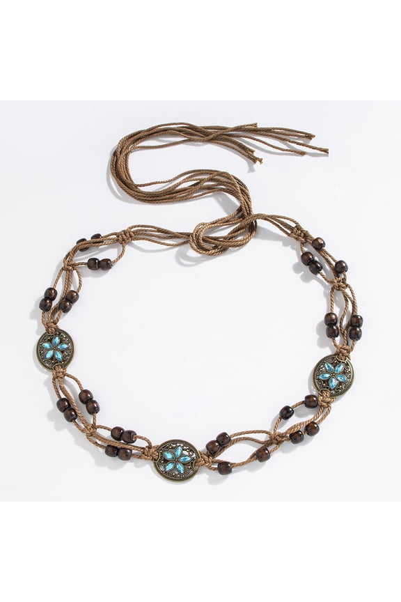 Bohemian style butterfly rhinestone woven knotted ethnic style handmade wooden bead women's belt leisure vacation wind waist rope