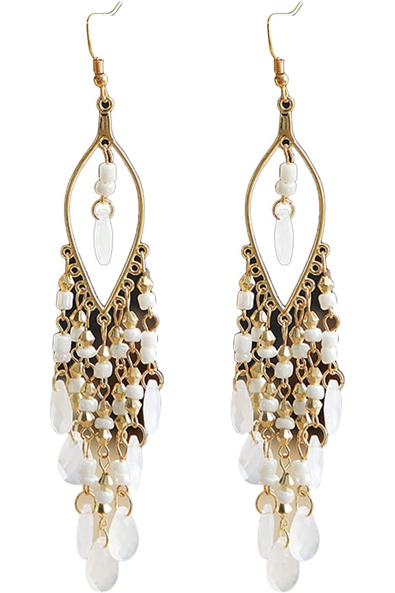 Bohemian style earrings,Crystal Beaded Tassel Earring Long Beaded Dangle Earring Fringe Hook Earring for Women Bridal Wedding