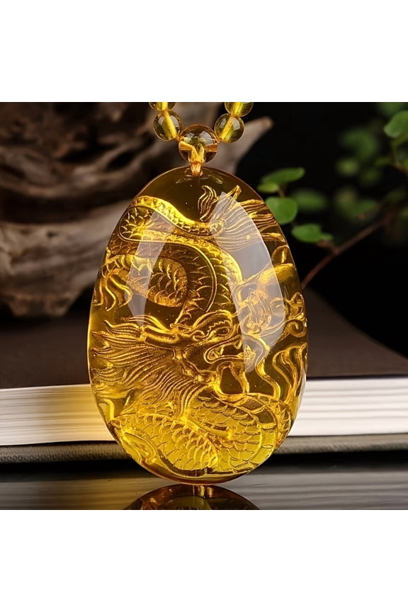 Bohemian style elegant golden dragon pendant necklace - natural gem ornament for Chinese New Year and Christmas celebration gifts,Gold
