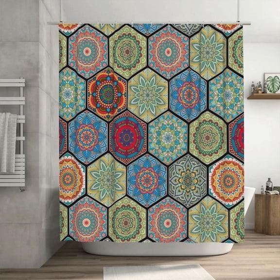 Bohemian style geometric diamond patterned Paisley fabric shower curtain with 12 free hooks, bathroom decoration,70.8" x 70.8"