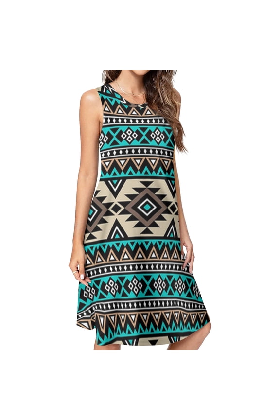 Bohemian style pattern ethnic minority characteristics Spring Summer Dresses for Women Fashion T-shirt Dress Casual Sleeveless Loose Sundress with Pockets
