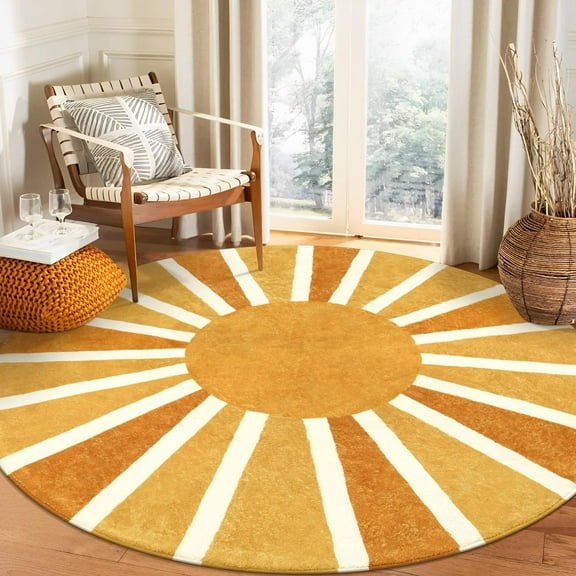 Bohemian style round area rug - A washable soft round bedroom carpet, slip-resistant throw rug for the living room, cute rainbow sun pattern