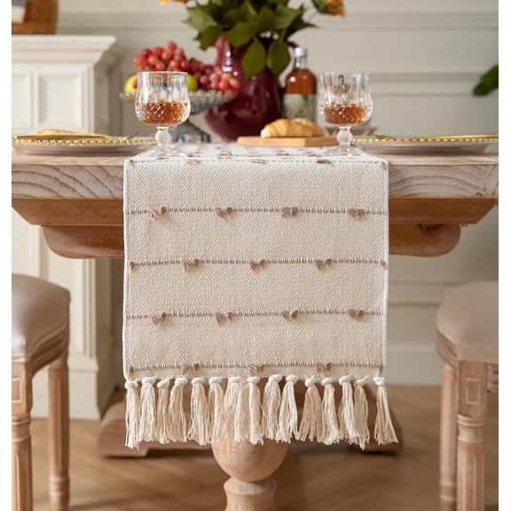 Bohemian style tablecloth 90 inches long, suitable for modern farmhouse style room home decoration, brown and beige coffee tablecloth, natural cotton woven with fringes neutral color, suitable for ki